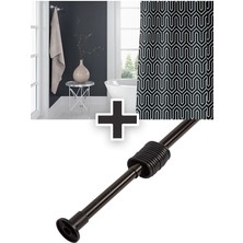 Tropik Home Polyester Kumaş Etnik Desen Siyah Banyo Perdesi Siyah Askı Aparatı Hediyeli C-Halkalı Duş Perdesi