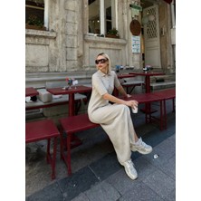 Önü Düğmeli Krem Uzun Triko Elbise