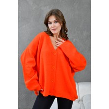 Nar Çiçeği Yumoş V Yaka Düğmeli Oversize Triko Hırka 24106