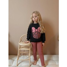 Sacro Kids Kurdeleli Minnie Mouse Baskılı Tayt-Sweatshirt 3 Iplik Kışlık Kız Çocuk Takım