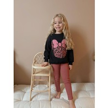 Sacro Kids Kurdeleli Minnie Mouse Baskılı Tayt-Sweatshirt 3 Iplik Kışlık Kız Çocuk Takım