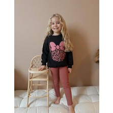 Sacro Kids Kurdeleli Minnie Mouse Baskılı Tayt-Sweatshirt 3 Iplik Kışlık Kız Çocuk Takım