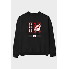 Ankhises Tokyo Urban Style Ön Baskılı Siyah Oversize Sweatshirt Erkek Kadın Bisiklet Yaka