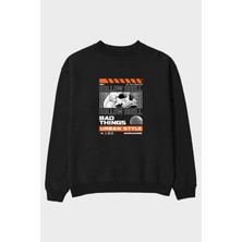 Ankhises Hollow Shell Ön Baskılı Siyah Oversize Sweatshirt Erkek Kadın Bisiklet Yaka