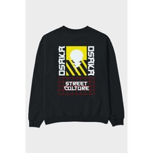Ankhises Osaka Street Culture Arka Baskılı Siyah Oversize Sweatshirt Erkek Kadın Bisiklet Yaka