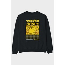 Ankhises Yumeko Jadami Arka Baskılı Siyah Oversize Sweatshirt Erkek Kadın Bisiklet Yaka