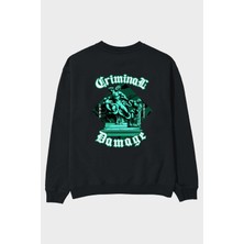 Ankhises Criminal Damage Arka Baskılı Siyah Oversize Sweatshirt Erkek Kadın Bisiklet Yaka