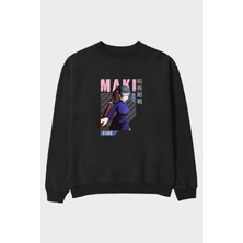 Ankhises Maki Zenin Chaınsawman Anime Ön Baskılı Siyah Oversize Sweatshirt Erkek Kadın Bisiklet Yaka