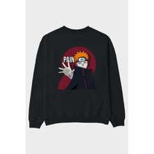 Ankhises Paın Naruto Anime Arka Baskılı Siyah Oversize Sweatshirt Erkek Kadın Bisiklet Yaka
