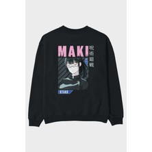 Ankhises Maki Zenin Chaınsawman 1 Anime Arka Baskılı Siyah Oversize Sweatshirt Erkek Kadın Bisiklet Yaka