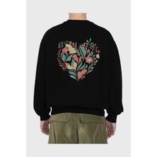 Ankhises Çiçek Kalp Arka Baskılı Siyah Oversize Sweatshirt Erkek Kadın Bisiklet Yaka