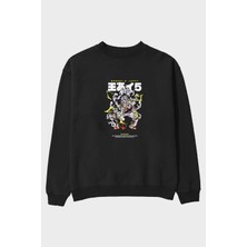 Ankhises Monkey D. Luffy Gear5 1 Anime Ön Baskılı Siyah Oversize Sweatshirt Erkek Kadın Bisiklet Yaka