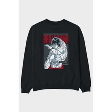 Ankhises Bakı Hanma Anime Arka Baskılı Siyah Oversize Sweatshirt Erkek Kadın Bisiklet Yaka