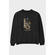Ankhises Crocodile Anime Ön Baskılı Siyah Oversize Sweatshirt Erkek Kadın Bisiklet Yaka