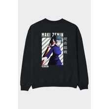 Ankhises Maki Zenin Chainsawman Anime Arka Baskılı Siyah Oversize Sweatshirt Erkek Kadın Bisiklet Yaka