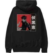 Ankhises Megumi Fushiguro Anime Arka Baskılı Siyah Oversize Kapüşonlu Sweatshirt Erkek Kadın