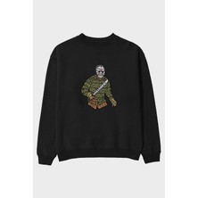 Ankhises Jason Ön Baskılı Siyah Oversize Sweatshirt Erkek Kadın Bisiklet Yaka