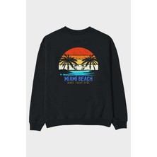 Ankhises Miami Beach Yazılı Arka Baskılı Siyah Oversize Sweatshirt Erkek Kadın Bisiklet Yaka