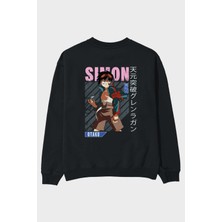 Ankhises Simon 5 Anime Arka Baskılı Siyah Oversize Sweatshirt Erkek Kadın Bisiklet Yaka