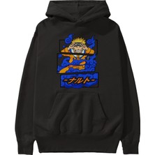 Ankhises Naruto Uzumaki Anime Ön Baskılı Siyah Hoodie Oversize Kapüşonlu Sweatshirt Erkek Kadın