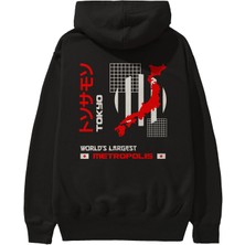 Ankhises Worlds Largest Metropolis Arka Baskılı Siyah Oversize Kapüşonlu Sweatshirt Erkek Kadın
