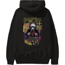 Ankhises Party Starter Arka Baskılı Siyah Oversize Kapüşonlu Sweatshirt Erkek Kadın