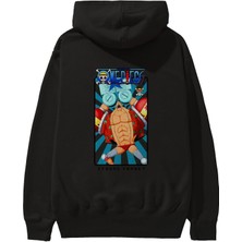 Ankhises Franky Anime Arka Baskılı Siyah Oversize Kapüşonlu Sweatshirt Erkek Kadın
