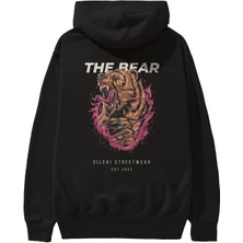 Ankhises The Bear Arka Baskılı Siyah Oversize Kapüşonlu Sweatshirt Erkek Kadın