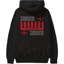 Ankhises Zurich Arka Baskılı Siyah Oversize Kapüşonlu Sweatshirt Erkek Kadın