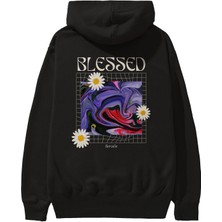 Ankhises Blessed Arka Baskılı Siyah Oversize Kapüşonlu Sweatshirt Erkek Kadın