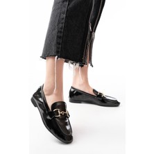 Ellolita Luxury Shoes 303 Siyah Rugan Toka Aksesuarlı Günlük Kadın Babet