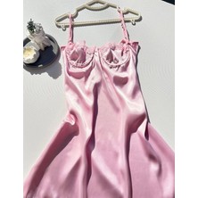 Karaz Göğüs Dantel Detaylı Saten Gecelik - Pembe Xl