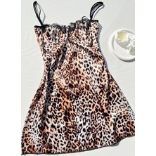 Karaz Göğüs Dantel Detaylı Saten Gecelik - Leopar Xl
