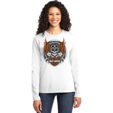 Rock&Roll Motorcu Kurukafa Beyaz Uzun Kol Kadın Penye Tişört