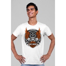 Rock&Roll Motorcu Kurukafa Beyaz Erkek Tişört
