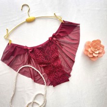 Dantel ve Tül Detaylı Fırfırlı Bikini Külot - Bordo 38-40 B