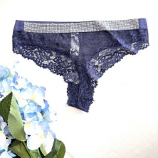 Dantelli ve Taş Süsleme Detaylı Tanga - Lacivert 38-40 B
