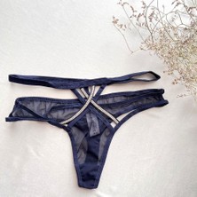 Çapraz Bantlı Taş Süslemeli Tül Tanga -Lacivert 38-40 B