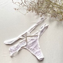 Çapraz Bantlı Taş Süslemeli Tül Tanga - Beyaz 38-40 B