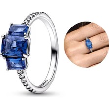Hector Co Jewellery Mavi Dikdörtgen Üç Taşlı Parıltılı Yüzük