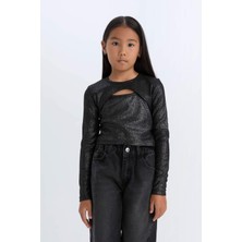 DeFacto Slim Fit Dar Kesim Bisiklet Yaka Parlak Kuma Sfitilli Kaşkorse Uzun Kollu Tişört Kız Çocuk D5419A824WN