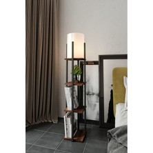 Mediterian Şık Ahşap Yüksek Modern Lambader, Zarif Tasarım, Raflı, Ceviz Renkli