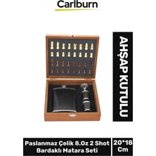 Premium Paslanmaz Çelik 8.oz 2 Shot Bardaklı Ahşap Kutulu Satrançlı Alkol Deri Matara Seti 20*18 cm