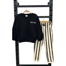 Lolli Boom Kids Erkek Çocuk Siyah Beyaz Çizgili 3ip Sweatshirt - Bel Ayarlı Eşofman Alt Üst Takım 2 Parça