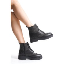 Pivol Siyah Ekoseli Oxford Bağcıklı Fermuarlı Günlük Kadın Bot