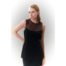 Tül Detaylı Belden Oturtmalı Bluz Siyah K2513045_001