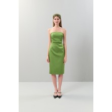 Straplez Saten Midi Boy Elbise Yeşil K2511519_012