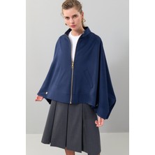 ROMAN Gold Fermuar Detaylı %100 Yün Panço Lacivert K2518702_015