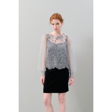 Taşlı Tül Bluz Gri K2513038_004