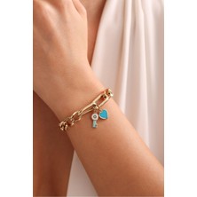 Gianfranco Mavi Turkuaz Mineli Anahtar ve Kalp Charm Tasarım Bileklik